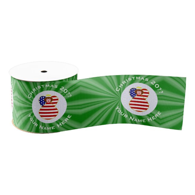 USA Red Hair Angel Christmas Flag Personalised  Grosgrain Ribbon (Spool)