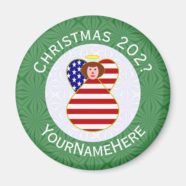 USA Red Haired Angel Christmas Flag Personalised  Magnet (Front)