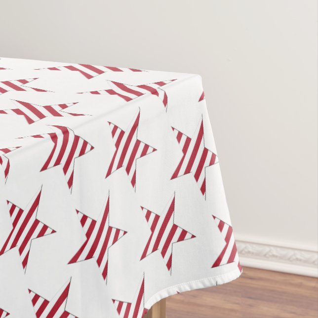USA Red Striped Stars Pattern Patriotic Tablecloth (In Situ)