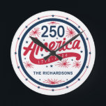 USA Red White and Blue America's 250th Anniversary Round Clock<br><div class="desc">USA Red White and Blue America's 250th Anniversary Round Clock.

Make it yours with easy customization. Need a custom order? Just send us a message,  we’re here to help. Kindly note that response times may vary slightly due to the time difference.</div>