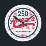 USA Red White and Blue America's 250th Anniversary Round Clock<br><div class="desc">USA Red White and Blue America's 250th Anniversary Round Clock.

Make it yours with easy customization. Need a custom order? Just send us a message,  we’re here to help. Kindly note that response times may vary slightly due to the time difference.</div>