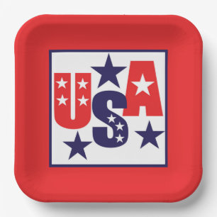 USA Red, White and Blue with Stars Paper Plate