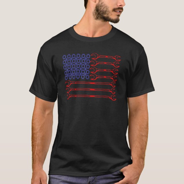 Usa Red White Blue American Flag Mechanic Car Love T-Shirt (Front)
