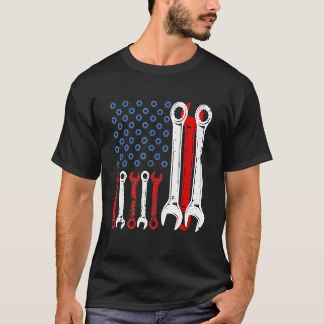 Usa Red White Blue American Flag Mechanic  T-Shirt (Front)