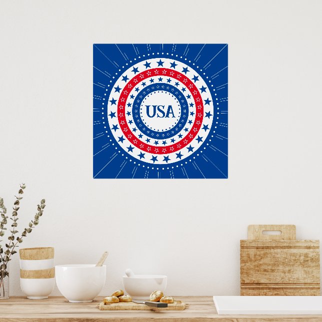USA Red, White, Blue Stars Initials or Monogram Poster (Kitchen)