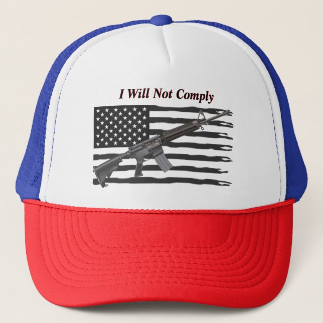 USA Ripped Flag I Will Not Comply Trucker Hat (Front)