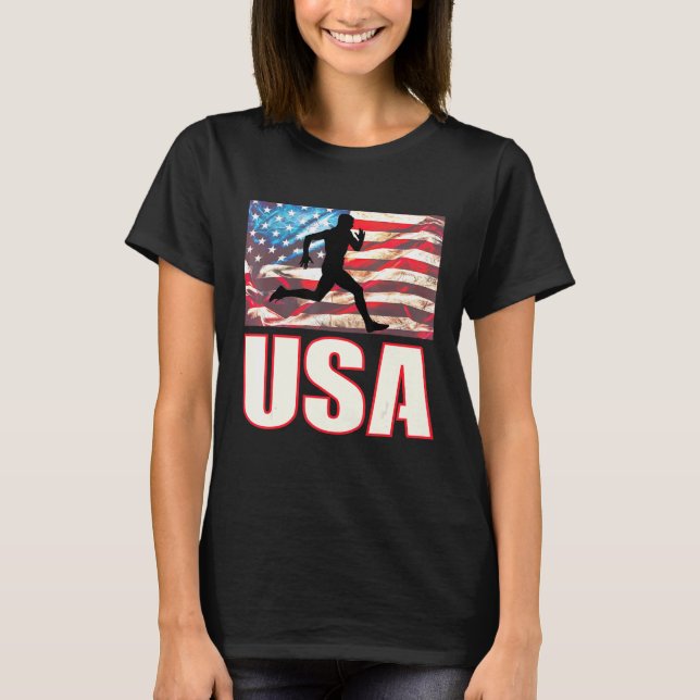 Usa Running Track Field American Flag Runner Sport T-Shirt (Front)