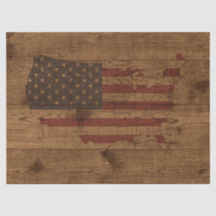 USA Shape American Flag Over Rustic Wood Patriotic Tissue Paper