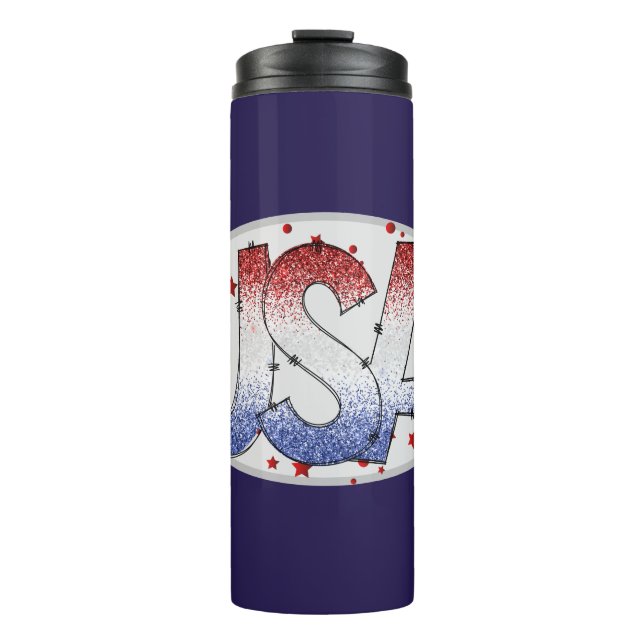 USA Shimmer and Stars Word Art   Thermal Tumbler (Front)