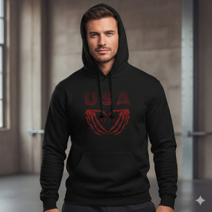 USA Skeleton Heart Hands Red Graphic Hoodie