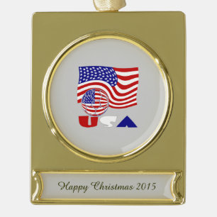 USA Soccer Ball and Flag Gold Plated Banner Ornament