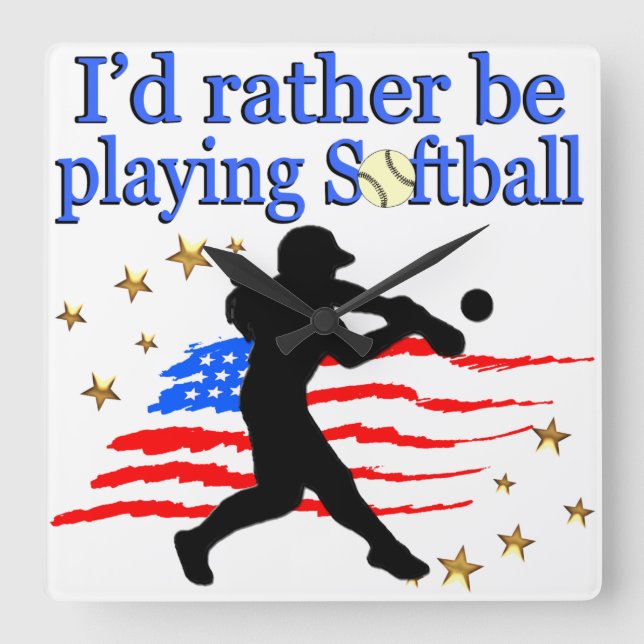 USA SOFTBALL PLAYER LOVES SOFTBALL DESIGN SQUARE WALL CLOCK (Front)
