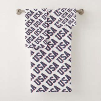 USA Spirit Repeating Letter Pattern Design - Blue Bath Towel Set