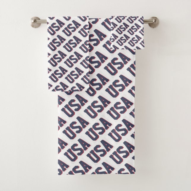 USA Spirit Repeating Letter Pattern Design - Blue Bath Towel Set (Insitu)