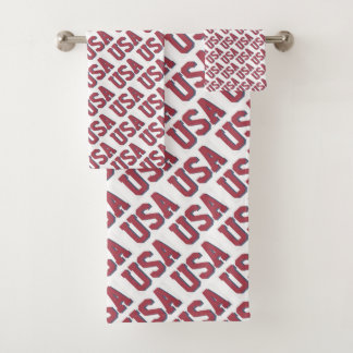USA Spirit Repeating Letter Pattern Design - Red Bath Towel Set