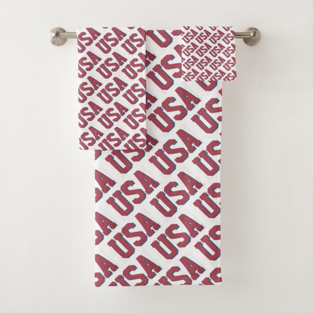 USA Spirit Repeating Letter Pattern Design - Red Bath Towel Set (Insitu)