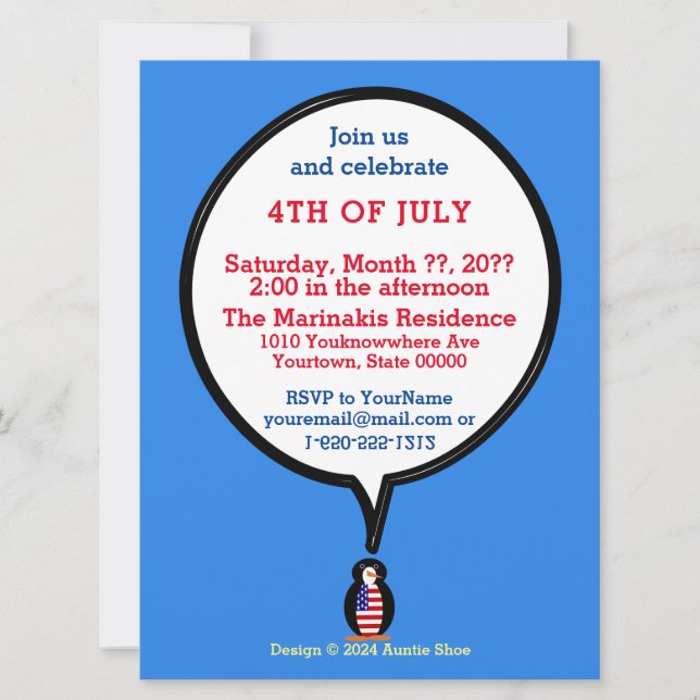 USA Talking Ms. Penguin 4th July Invitation (Front)