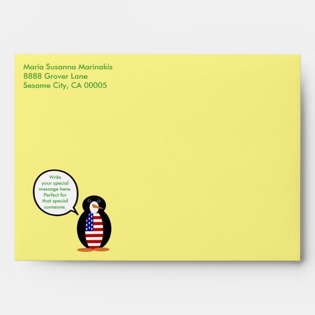 USA Talking Ms. Penguin Personalised Envelope (Front)