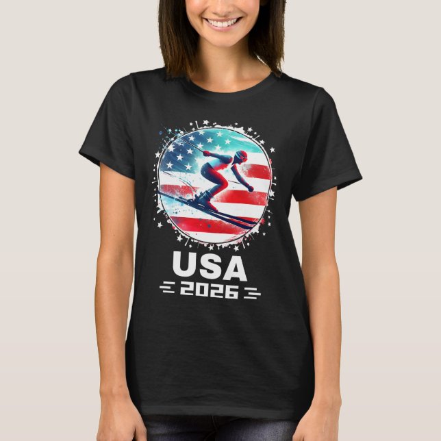 Usa Team 2026 United States American Flag Skiing U T-Shirt (Front)