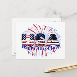 USA text flag glitters fireworks Happy 4th of July Postcard