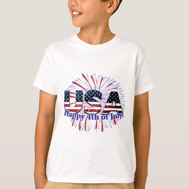 USA text flag glitters fireworks Happy 4th of July T-Shirt (Front)
