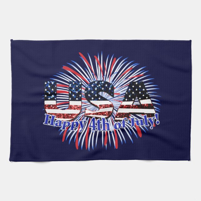 USA text flag glitters fireworks Happy 4th of July Tea Towel (Horizontal)