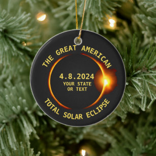 USA Total Solar Eclipse 4.8.24 Custom Text Ceramic Tree Decoration