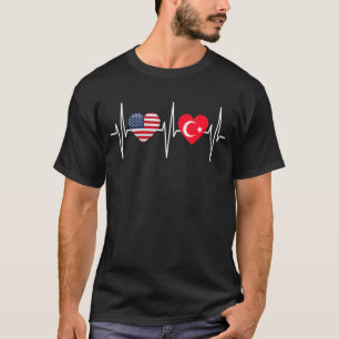 USA Turkey Heartbeat America Turkish Flag Heart T-Shirt