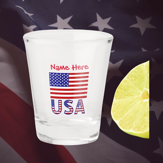 USA United States America Flag Red Personalisation Shot Glass (Personalized shot glass has United States of America flag and USA below in flag colors. Add name top)