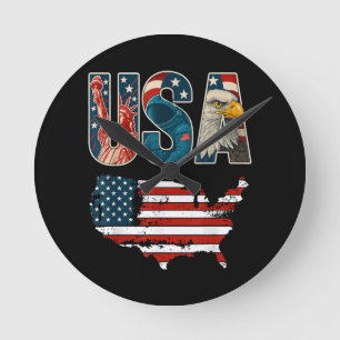 USA US Patriotic 4th of July America Flag Freedom Round Clock