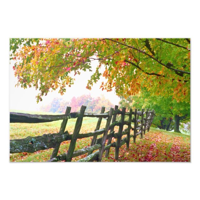 USA, Vermont. Fence under fall foliage. Photo Print (Front)