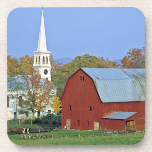 USA, Vermont, Peacham. A red barn and white Coaster