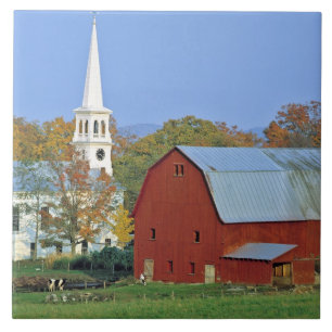 USA, Vermont, Peacham. A red barn and white Tile