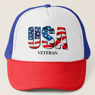 USA VETERAN American patriotic red white blue flag Trucker Hat