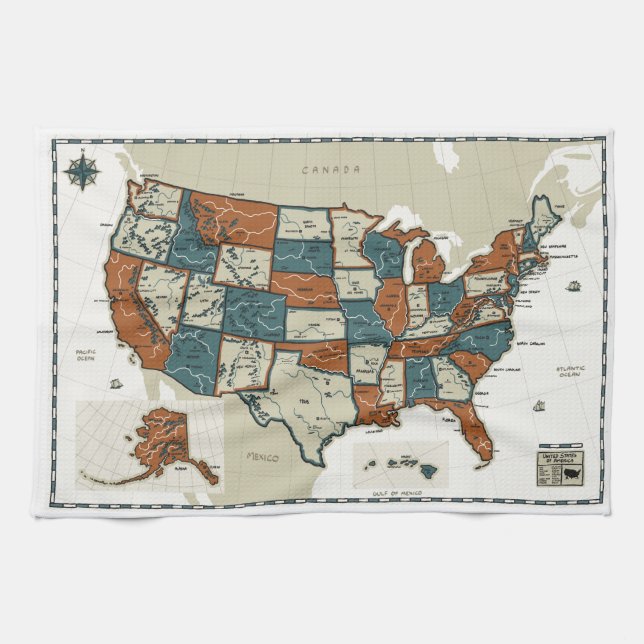 USA - Vintage Map Tea Towel (Horizontal)