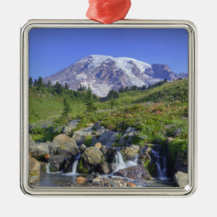 USA, Washington, Mt. Rainier NP, Mt. Rainier and 2 Metal Tree Decoration