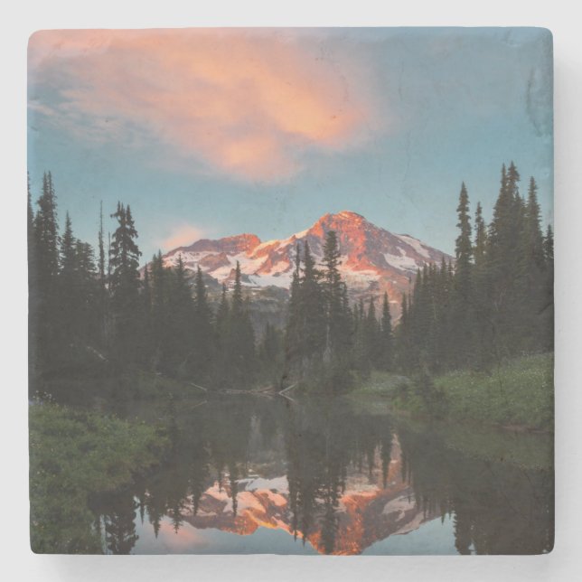 USA, Washington State. Mt. Rainier Reflected Stone Coaster (Front)
