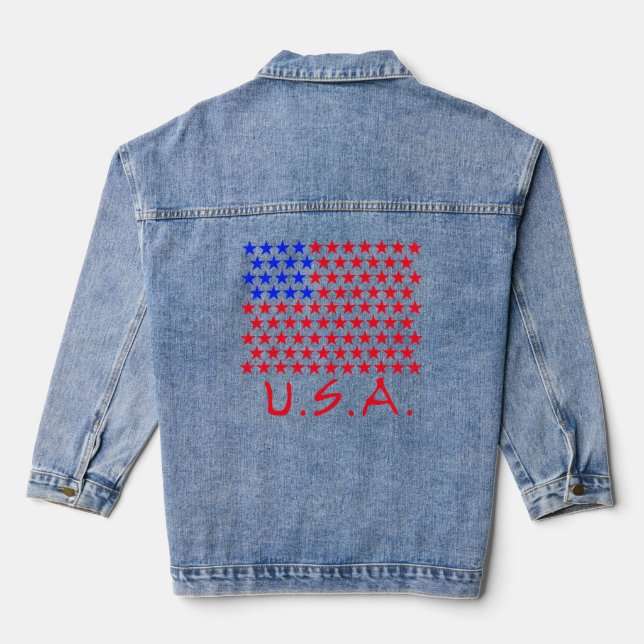 USA with Blue and Red Stars Patriotic Denim Jacket (Back)