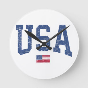 USA Women Men Kids Patriotic American Flag Distres Round Clock
