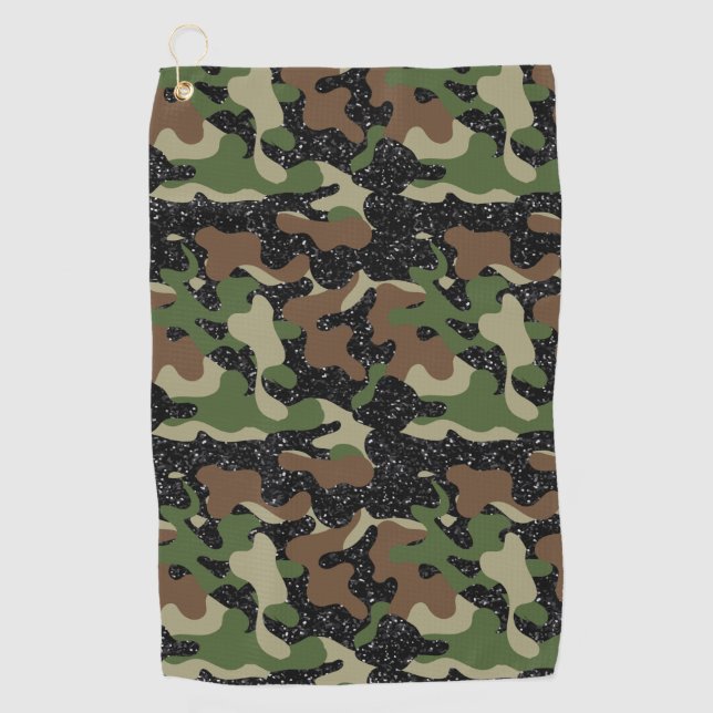 USA Woodland Camo Army Olive Brown Black Sparkle Golf Towel (Front)