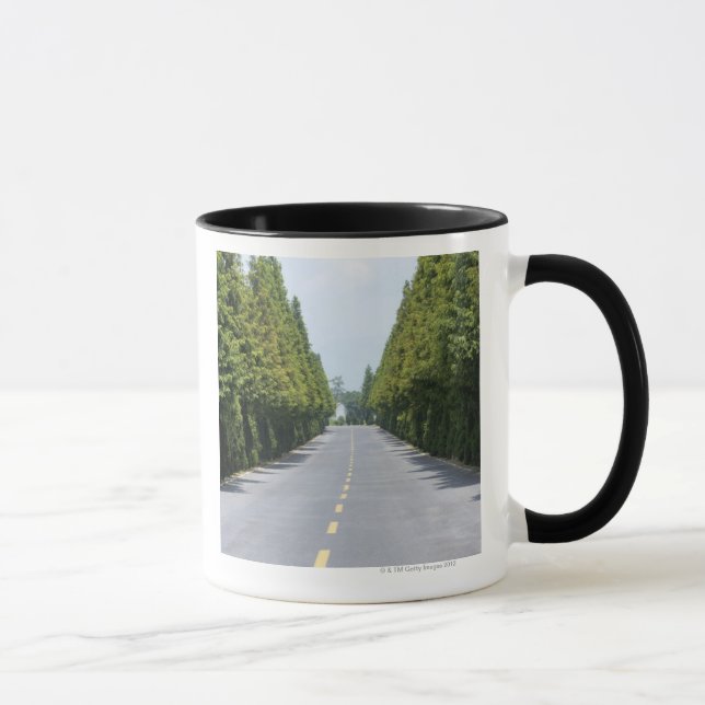 USA, Yellowstone National Park, Treelined road Mug (Right)