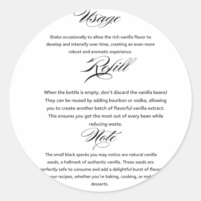 Usage Homemade Vanilla Extract Instructions Classic Round Sticker (Front)