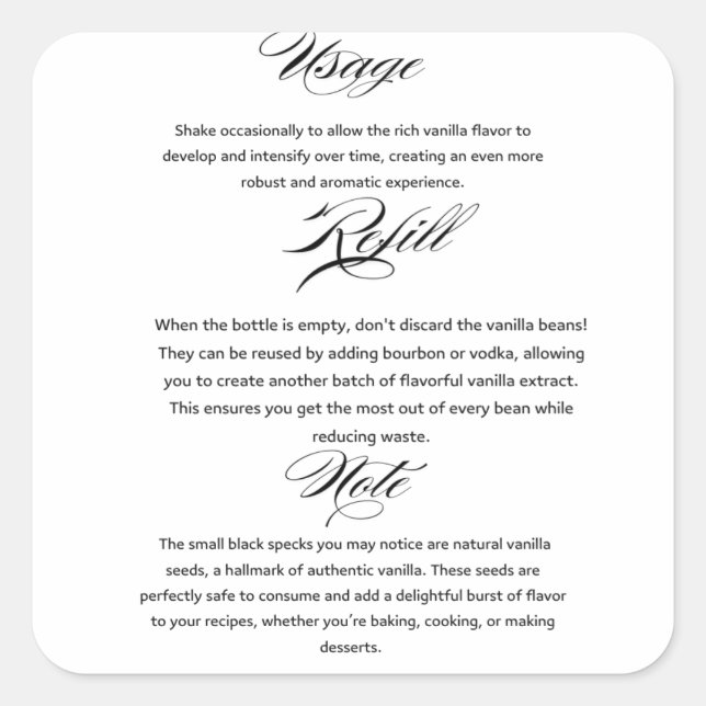 Usage Homemade Vanilla Extract Instructions Square Sticker (Front)