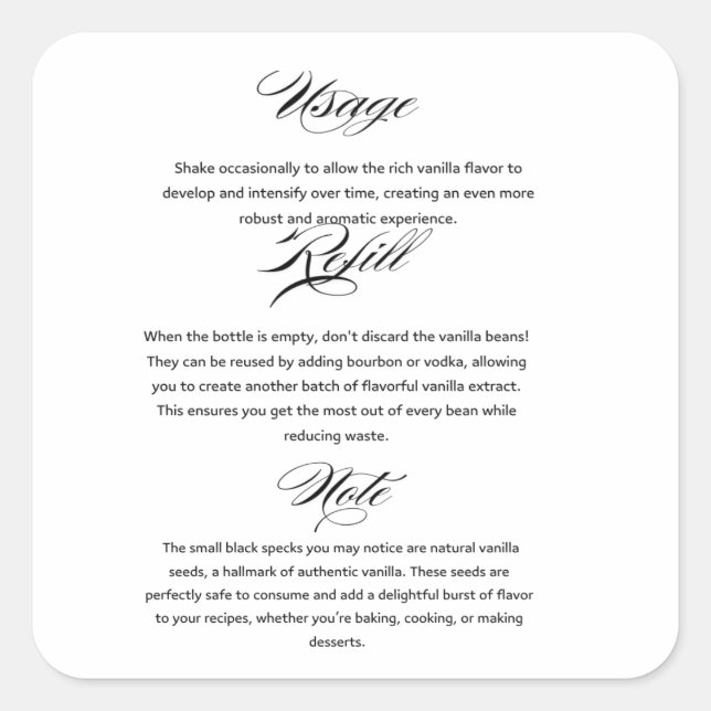 Usage Homemade Vanilla Extract Instructions Square Sticker (Front)