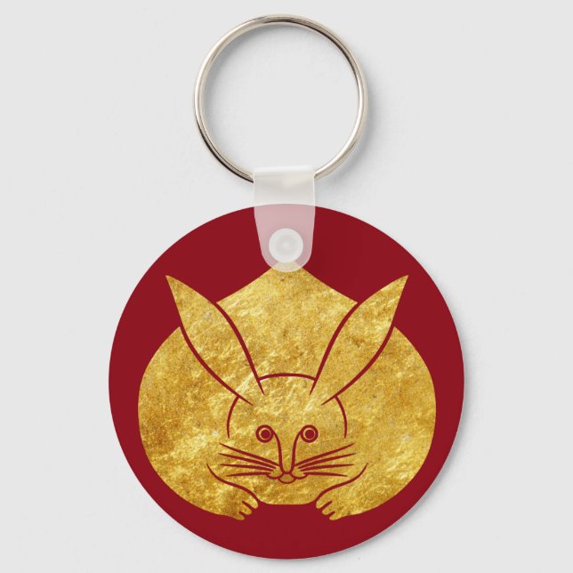 Usagi kamon japanese rabbit in faux gold on red key ring (Front)
