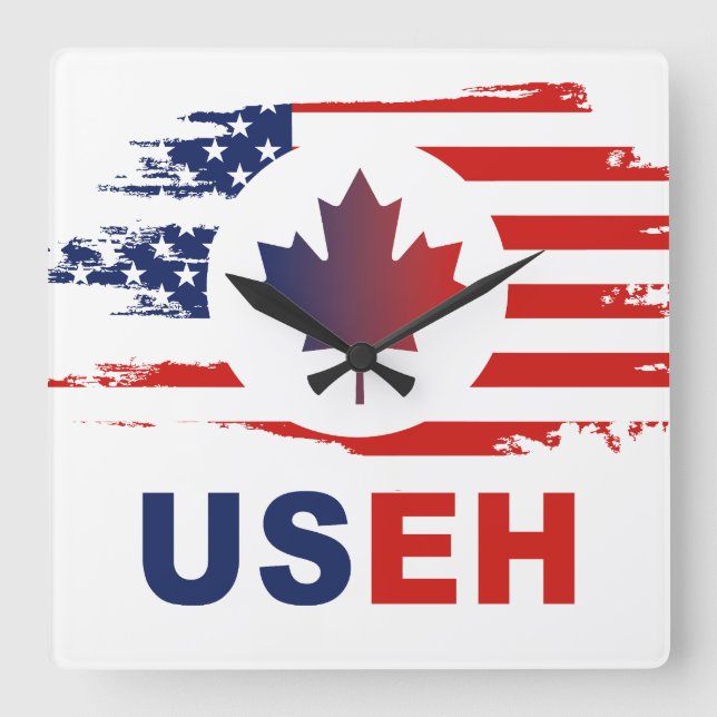 USEH Half Canadian American: Canada USA Flag Unite Square Wall Clock (Front)