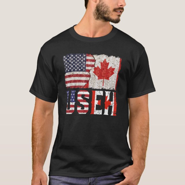 Useh Maple Leaf Canadian American Flag Proud Ameri T-Shirt (Front)