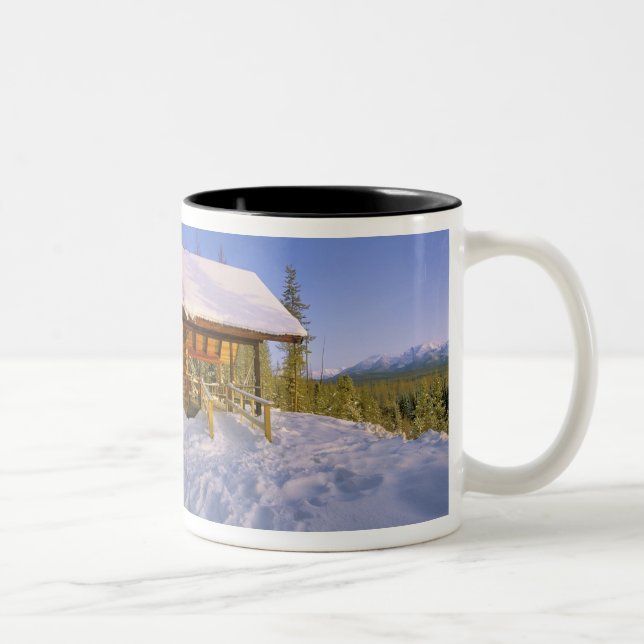 USFS Schnauss Cabin rental in Winter ovelooking Two-Tone Coffee Mug (Right)