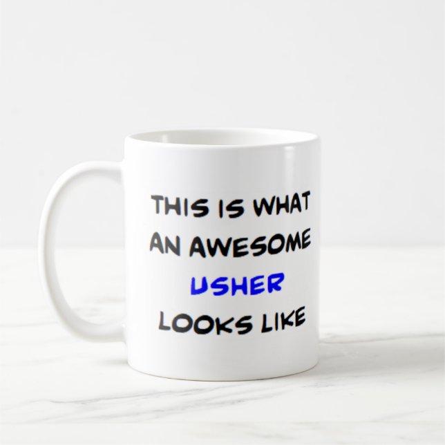 usher, awesome coffee mug (Left)