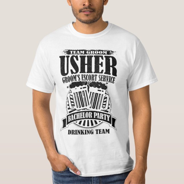 Usher Groom's Escort Service Bachelor Party T-Shirt (Front)